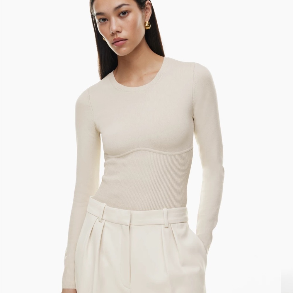 Aritzia Cream Ribbed Long-Sleeve Fitted Top